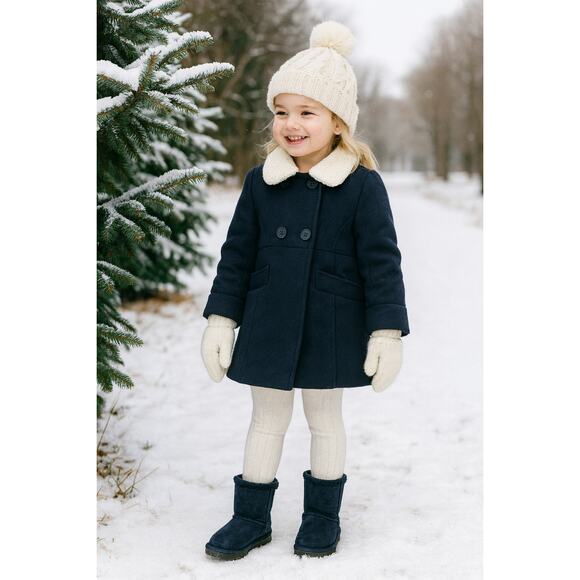 OshKosh B’Gosh Girls Navy Double Breasted Faux Wool Coat Shearling Collar 6 / 6X - Picture 2 of 9